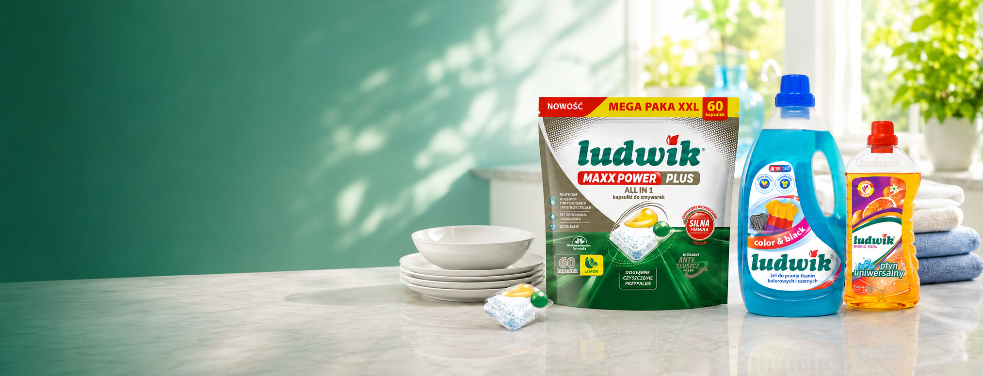 Ludwik dishwasher, laundry and universal cleaning products in a bright vibrant home